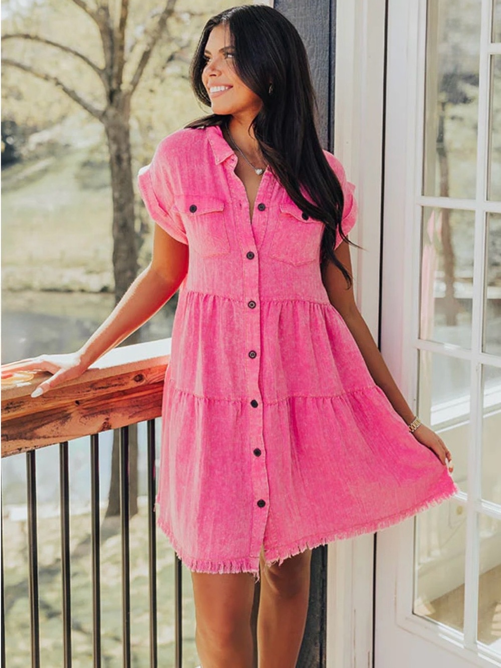 Umgee Hot Pink Tiered Frayed Hem Shirt Summer Shirt Mini Dress Oversized Large